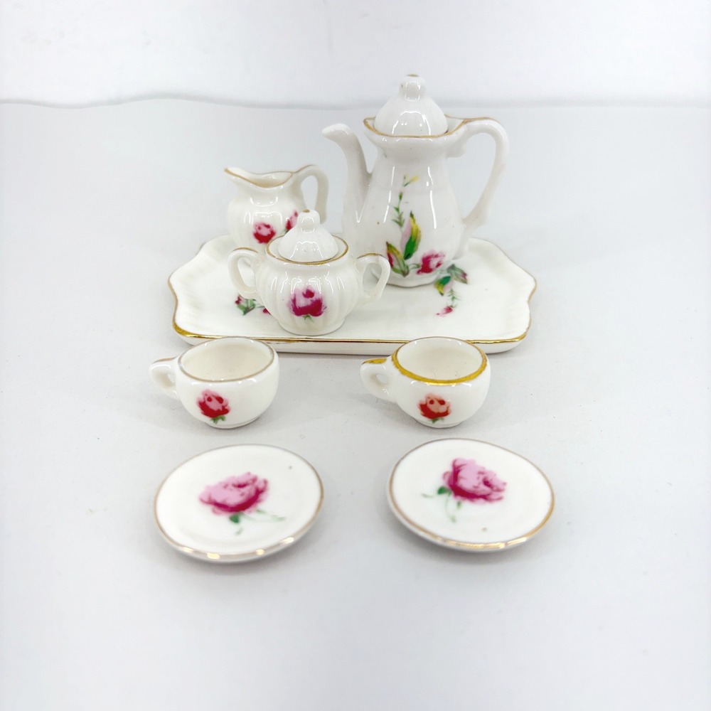 Lefton Vintage Miniature Tea Set Pink Rose Gold Trim 8pc Porcelain 00960 Taiwan